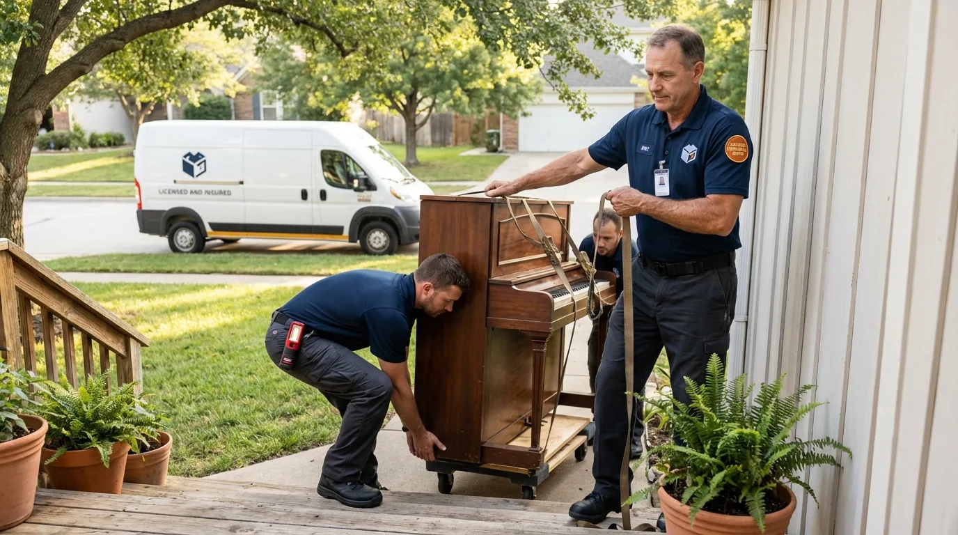 Licensed piano movers securing grand piano in Hampton, VA