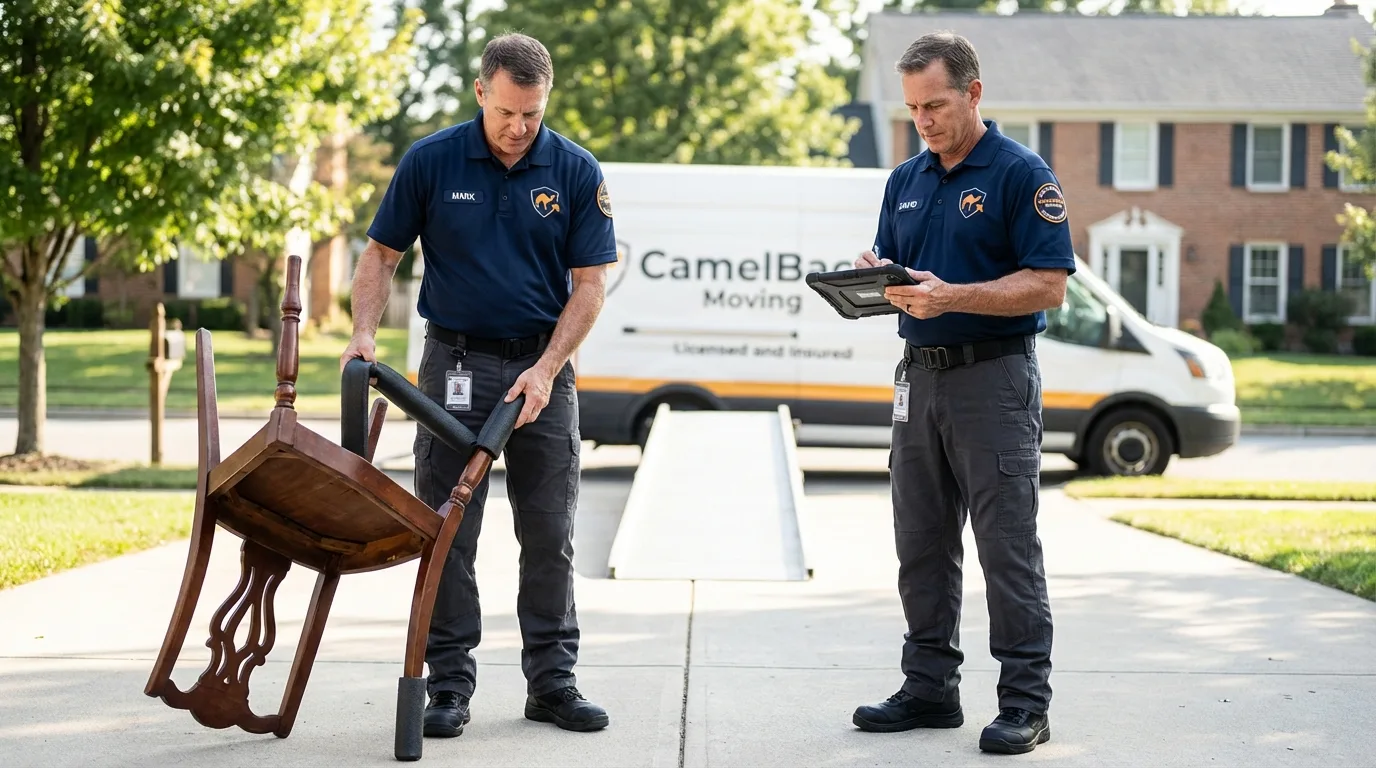 Movers inspecting furniture for damage prevention before loading in Hampton, VA