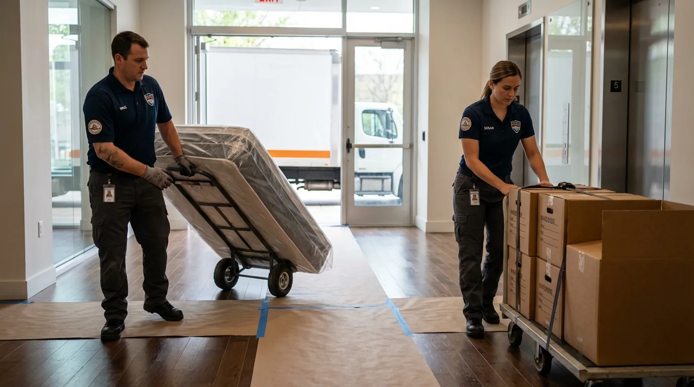 Professional apartment movers loading elevator in Hampton, VA